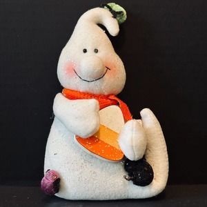 Candy Corn Ghost, Halloween Sitting Decoration White w/Scarf Weighted To Stand